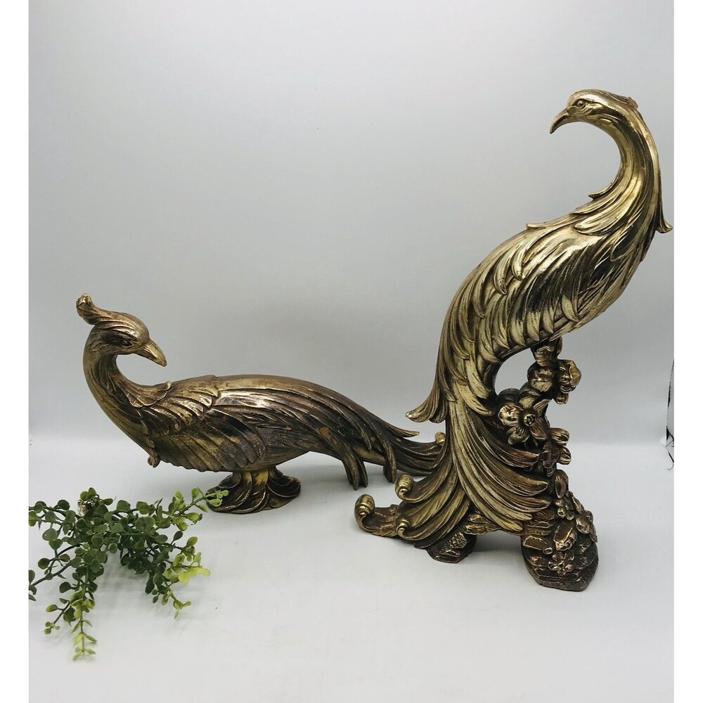 1960s Pair SYROCO Hollywood Regency Gold Peacock Pheasant Figurines Elegant